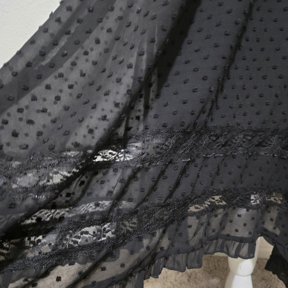 AQUA Black Midi Dress Swiss Dot Lace Inset Handkerchief Hem Tie Waist Small - Picture 5 of 15